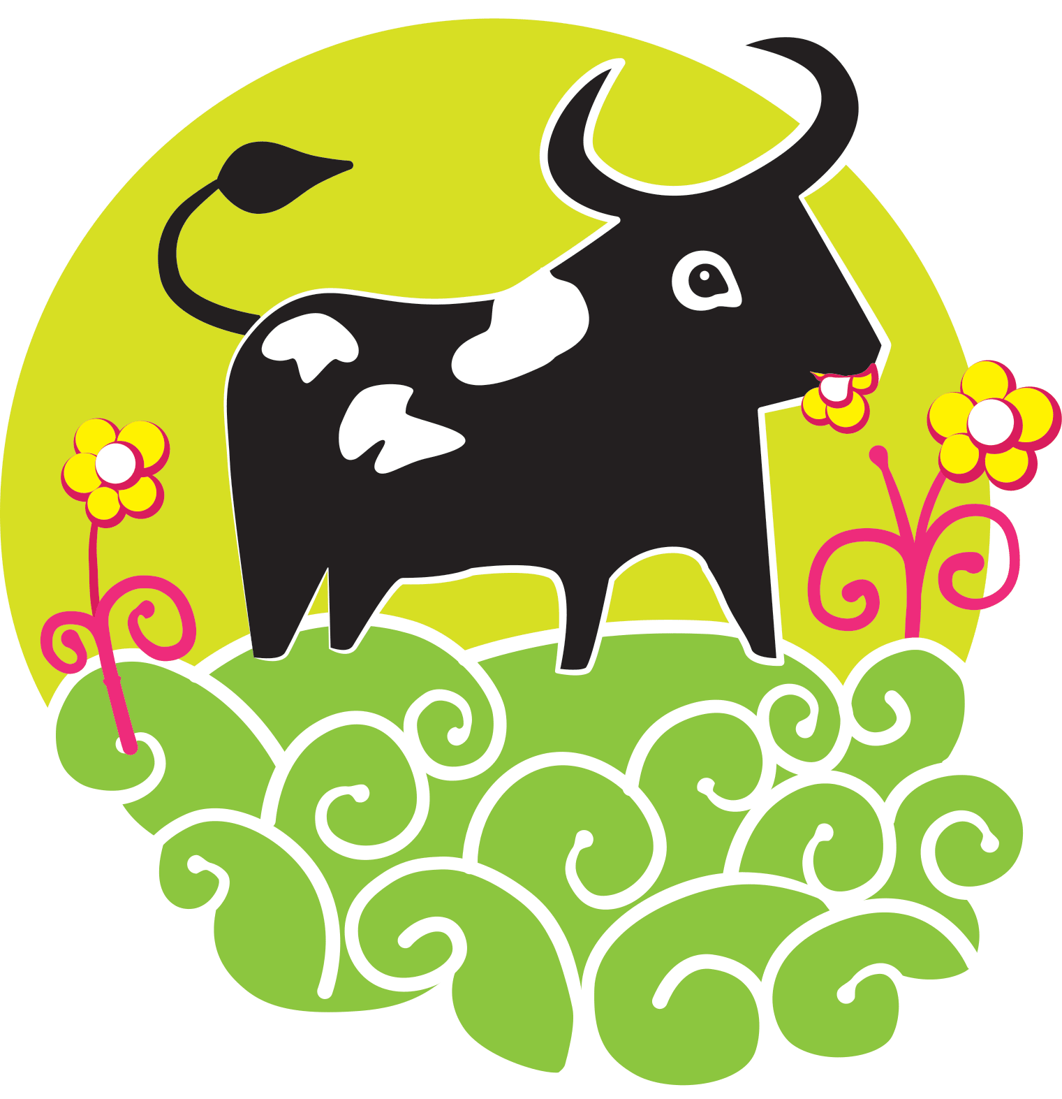 Illustration of bull chewing yellow flowers standing on green grass